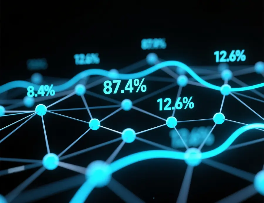 Visualización abstracta de algoritmos procesando datos de cuotas deportivas en tiempo real con nodos interconectados