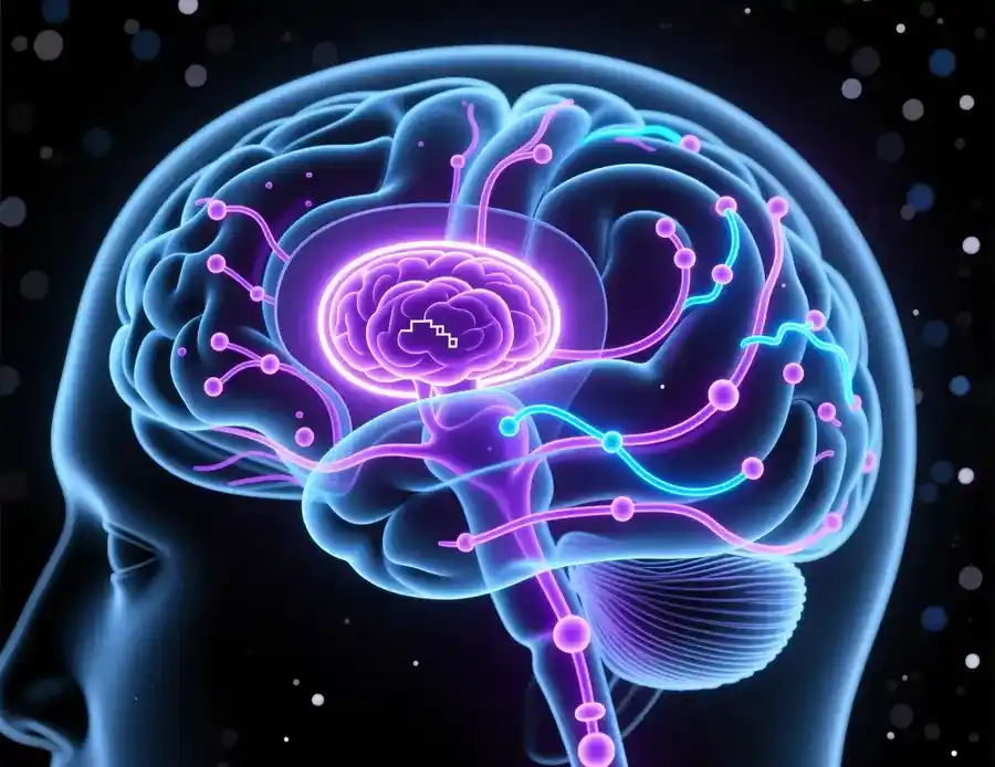 Ilustración científica del circuito de recompensa de dopamina en el cerebro con vías neuronales iluminadas y centro de recompensa destacado