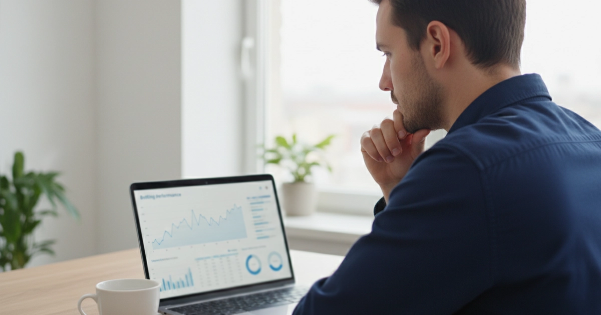 Persona analizando gr&aacute;ficos de rendimiento de apuestas en un port&aacute;til