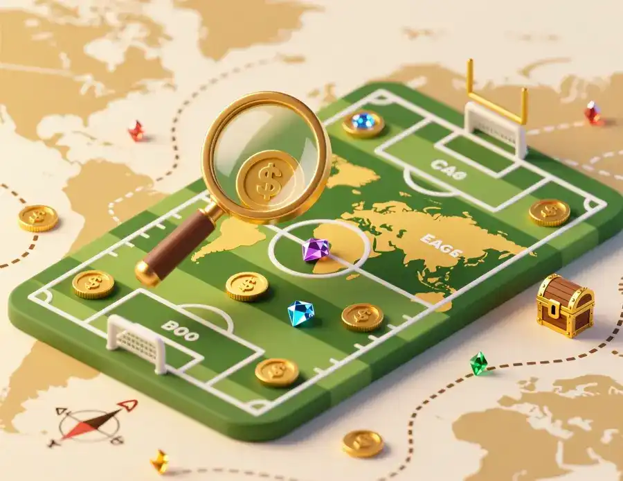 Ilustración de búsqueda del tesoro mostrando lupa examinando campo de fútbol con monedas ocultas representando oportunidades de value bets en diferentes mercados