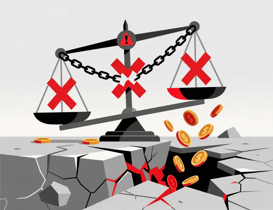 Ilustración de advertencia mostrando cadena rota y monedas cayendo representando errores comunes que eliminan la ventaja en value betting
