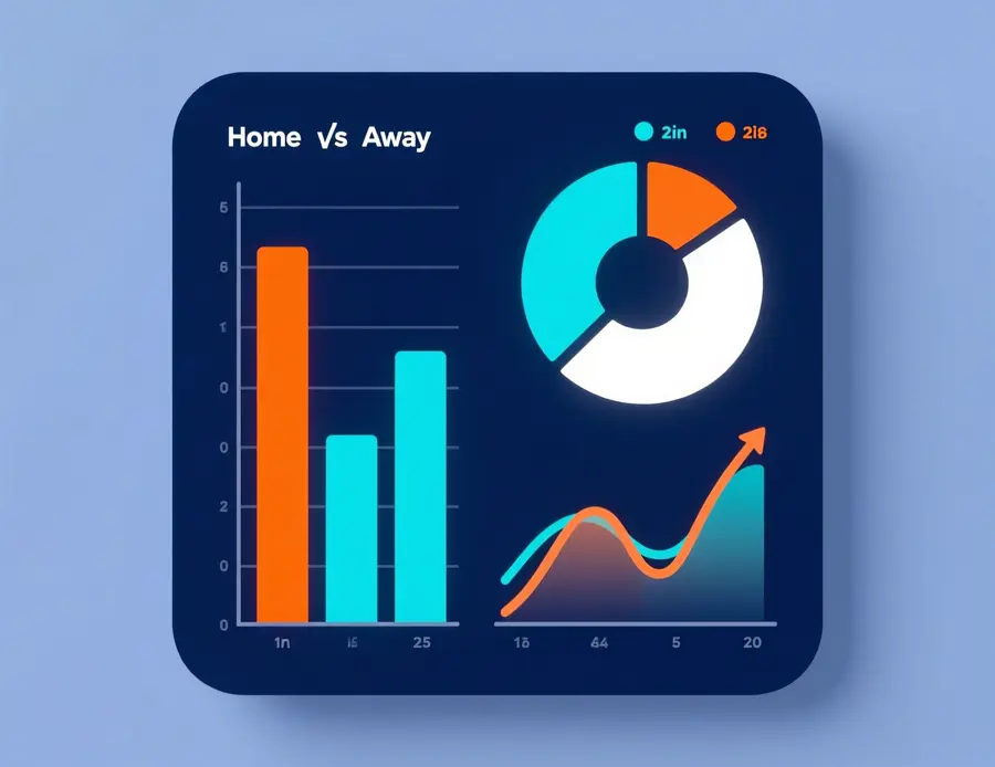 Visualización infográfica de estadísticas fundamentales de fútbol con gráficos de barras comparando rendimiento local y visitante y distribución de resultados