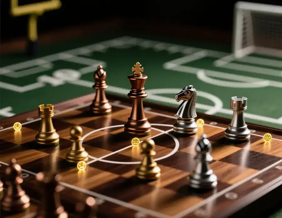 Tablero de ajedrez con piezas en posiciones estratégicas representando las cinco tácticas clave para apuestas en vivo