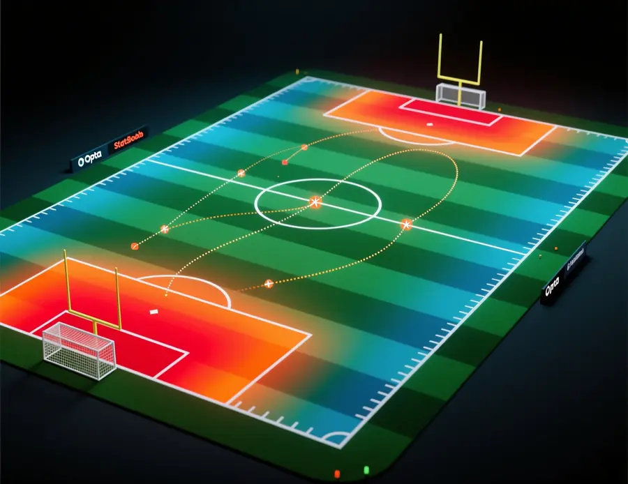 Mapa de calor de campo de fútbol mostrando análisis de Expected Goals con zonas de gradiente indicando calidad de tiros desde diferentes posiciones
