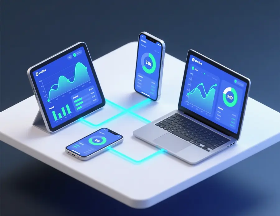 Concepto de kit de herramientas digitales mostrando múltiples pantallas de dispositivos con interfaces abstractas de análisis deportivo conectadas entre sí