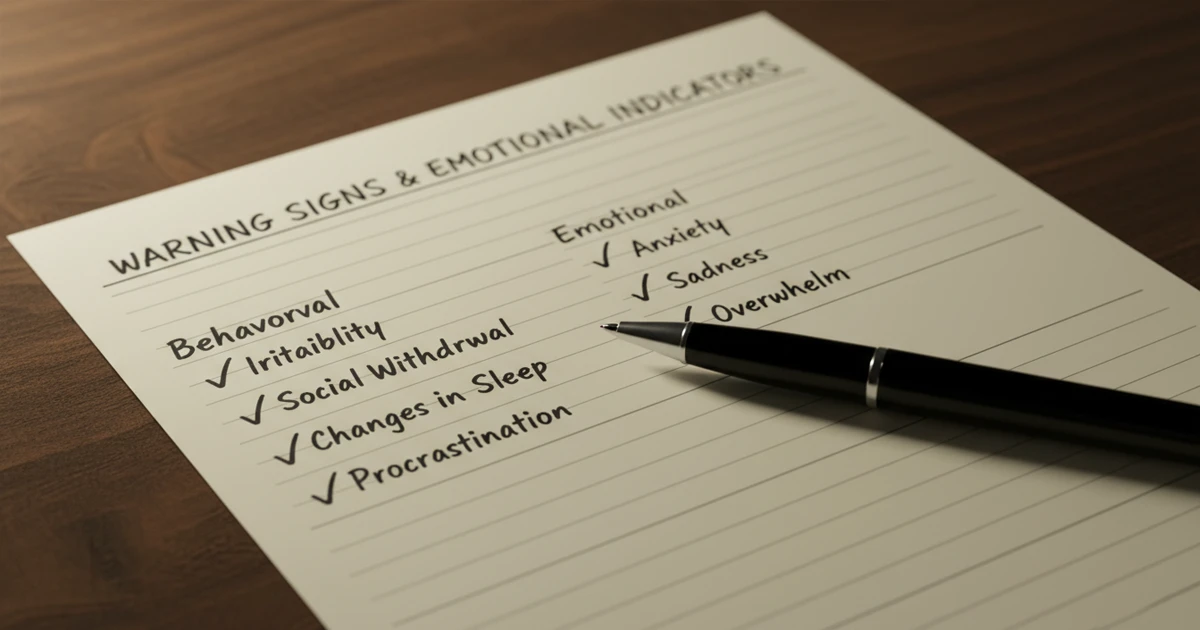 Lista de verificaci&oacute;n manuscrita con se&ntilde;ales de alerta y indicadores emocionales