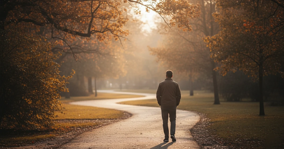 Persona caminando al aire libre en un parque como parte de su descanso y recuperaci&oacute;n mental