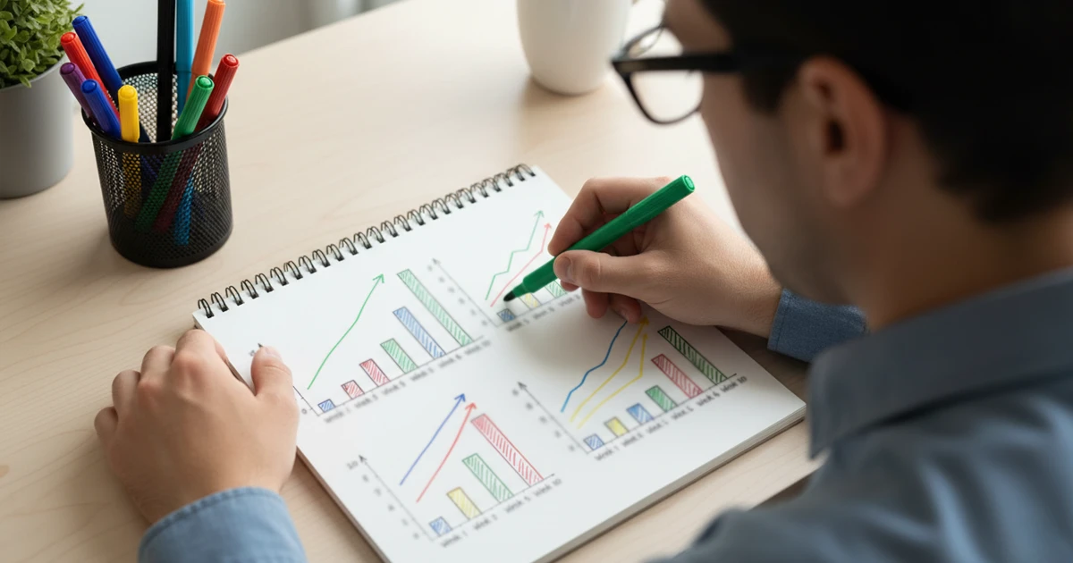 Persona analizando gráficos de rendimiento dibujados a mano en un cuaderno con marcadores de colores