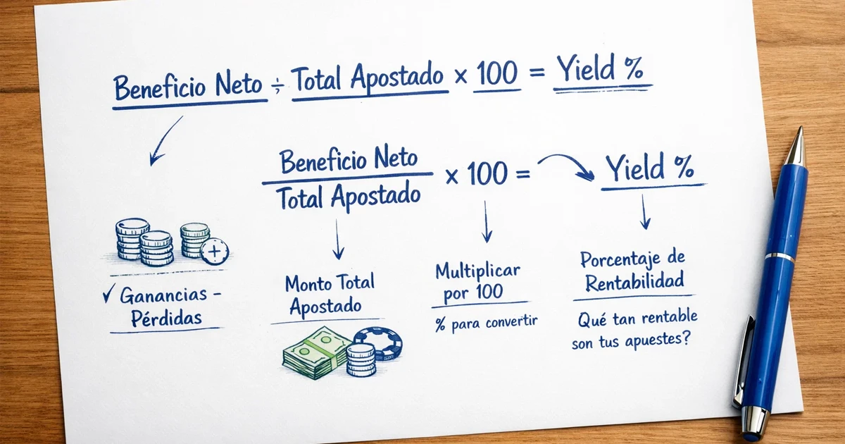 Diagrama visual mostrando la fórmula del yield con flechas y anotaciones en un papel