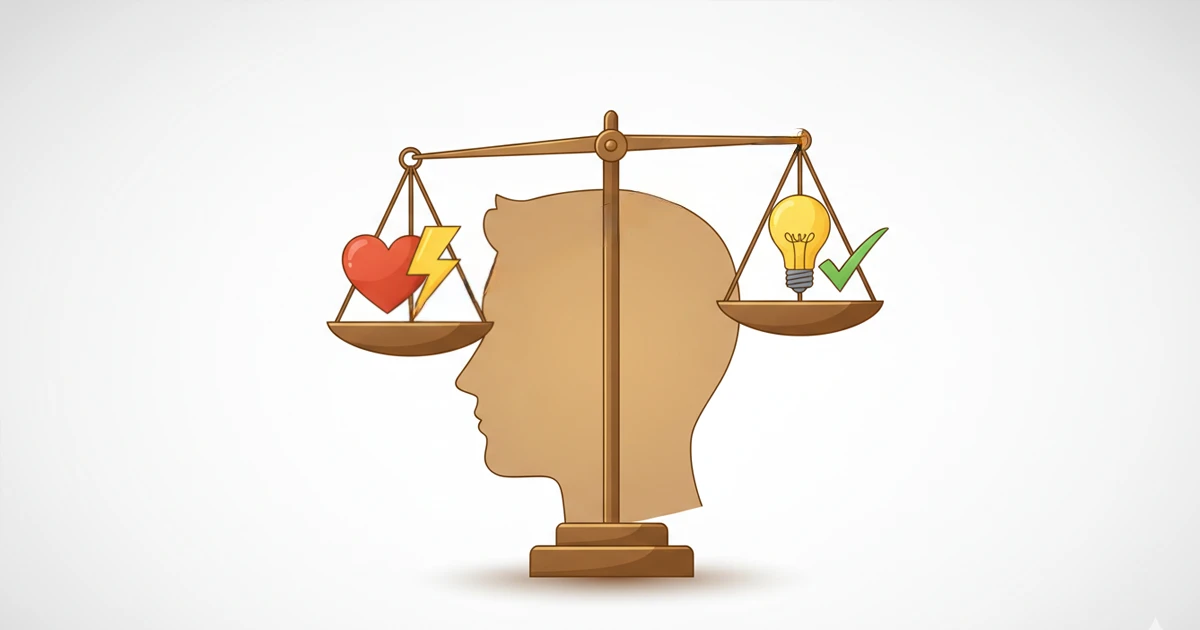 Ilustración conceptual de una balanza mental equilibrando emociones y lógica