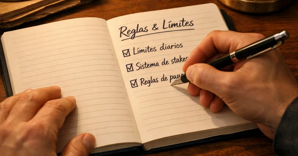 Persona escribiendo reglas y límites de apuestas en un cuaderno como estrategia de protección