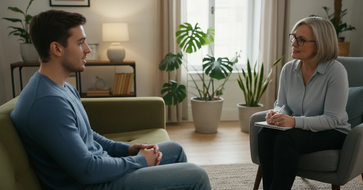 Persona en consulta con un profesional de salud mental en un ambiente acogedor
