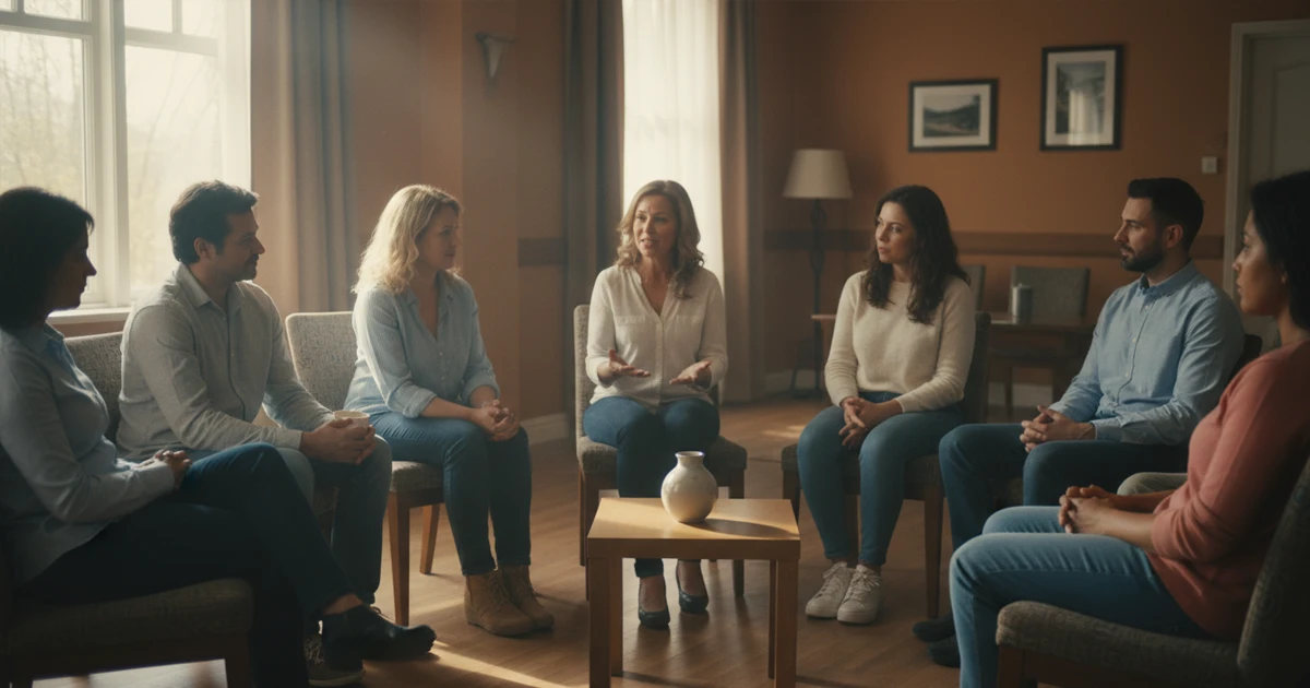 Grupo de personas en c&iacute;rculo participando en una sesi&oacute;n de apoyo mutuo