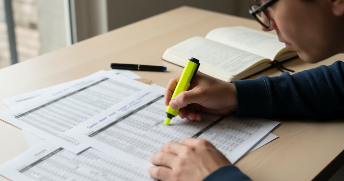 Persona analizando estadísticas deportivas con notas y subrayados en documentos impresos