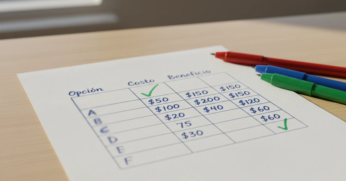 Tabla comparativa dibujada a mano mostrando diferentes opciones y valores