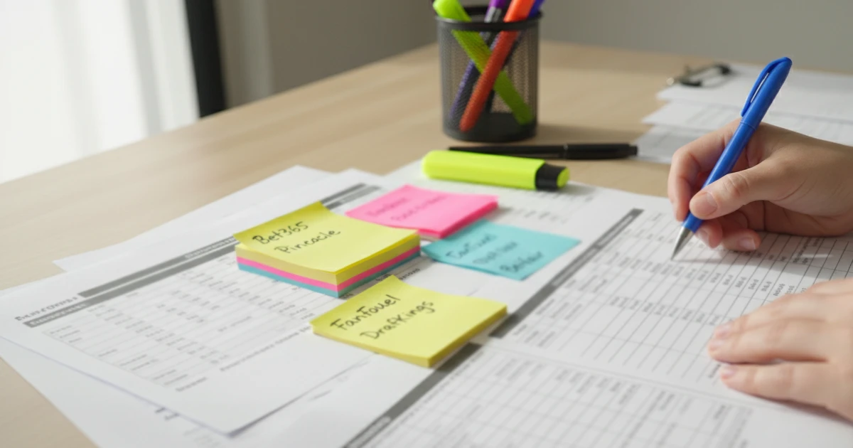 Persona organizando notas sobre diferentes opciones de apuestas en su escritorio