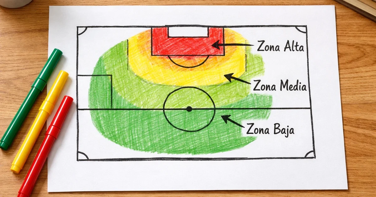 Diagrama dibujado a mano de un campo de f&uacute;tbol mostrando zonas de disparo con diferentes probabilidades