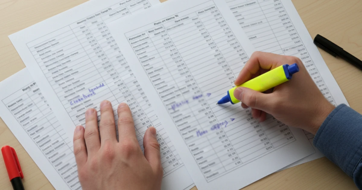 Persona comparando tablas de estad&iacute;sticas de f&uacute;tbol impresas con subrayados y anotaciones