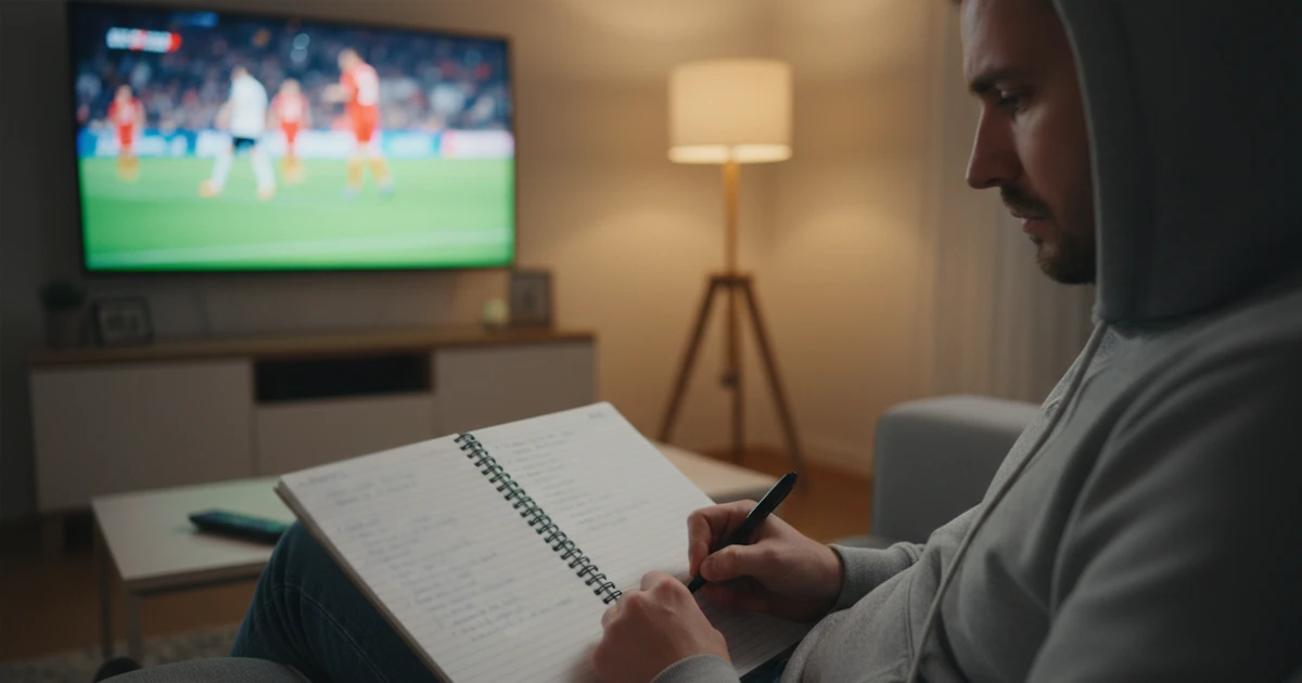 Persona tomando notas mientras ve un evento deportivo en televisi&oacute;n
