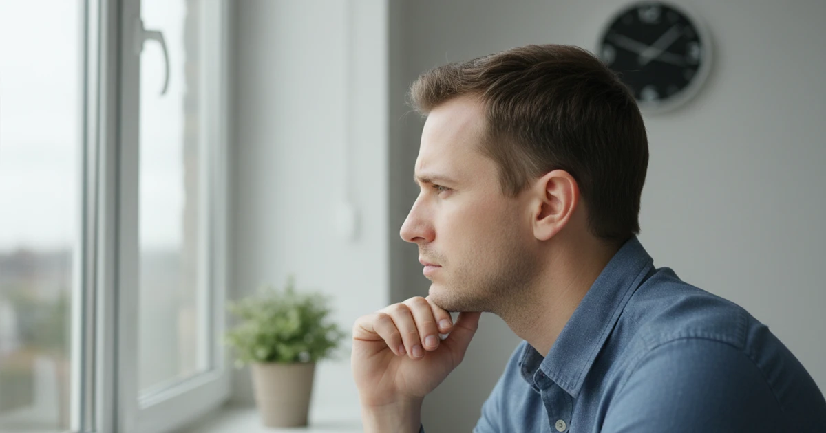 Persona pensativa mirando por la ventana mientras considera una decisi&oacute;n
