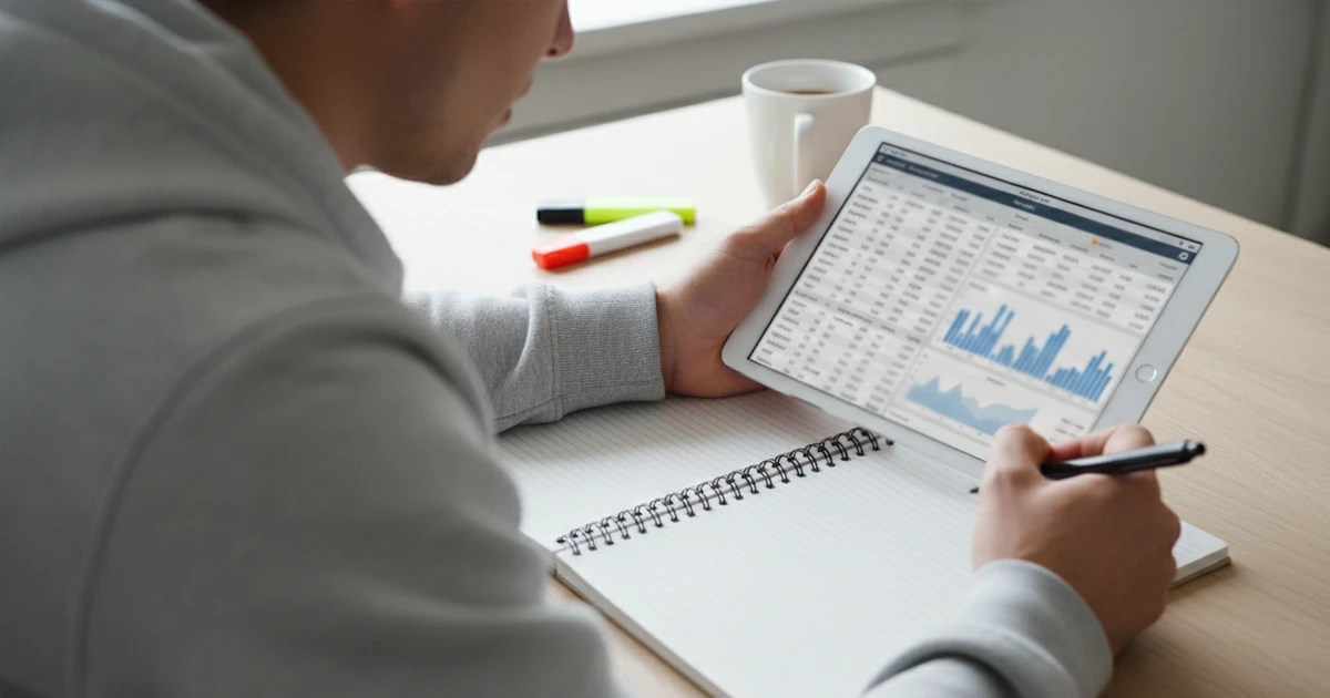 Persona tomando notas rápidas mientras observa estadísticas en tiempo real