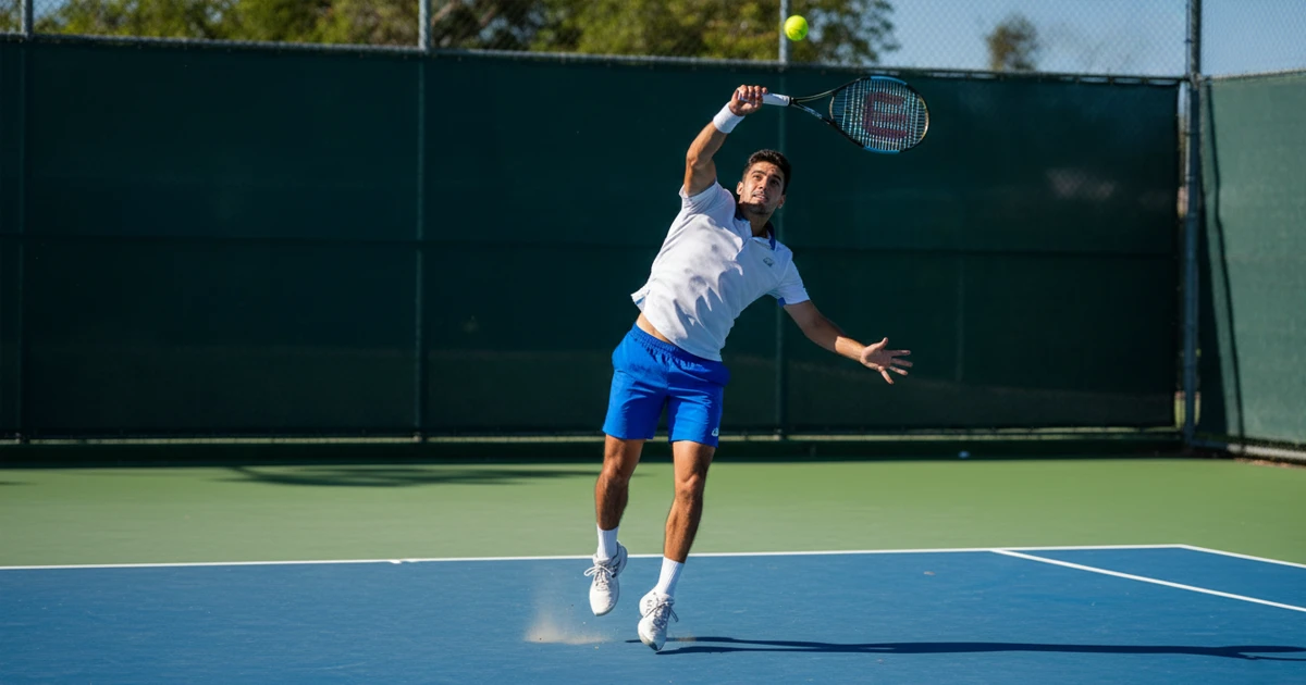 Tenista profesional ejecutando un saque potente en una pista de tenis