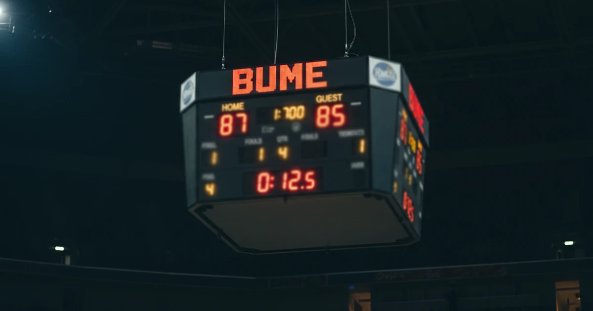 Marcador electr&oacute;nico de baloncesto mostrando puntuaci&oacute;n de un partido