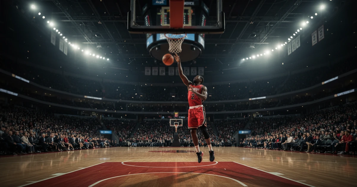 Jugador de baloncesto lanzando a canasta durante un partido nocturno