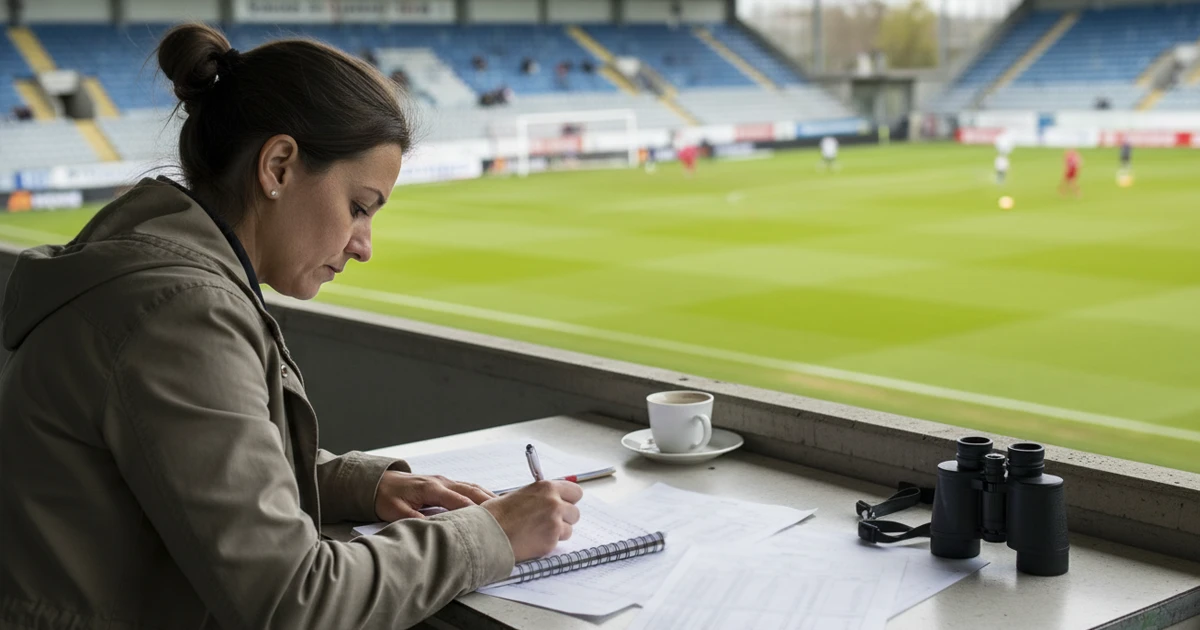 Periodista deportivo local tomando notas en un partido de segunda división
