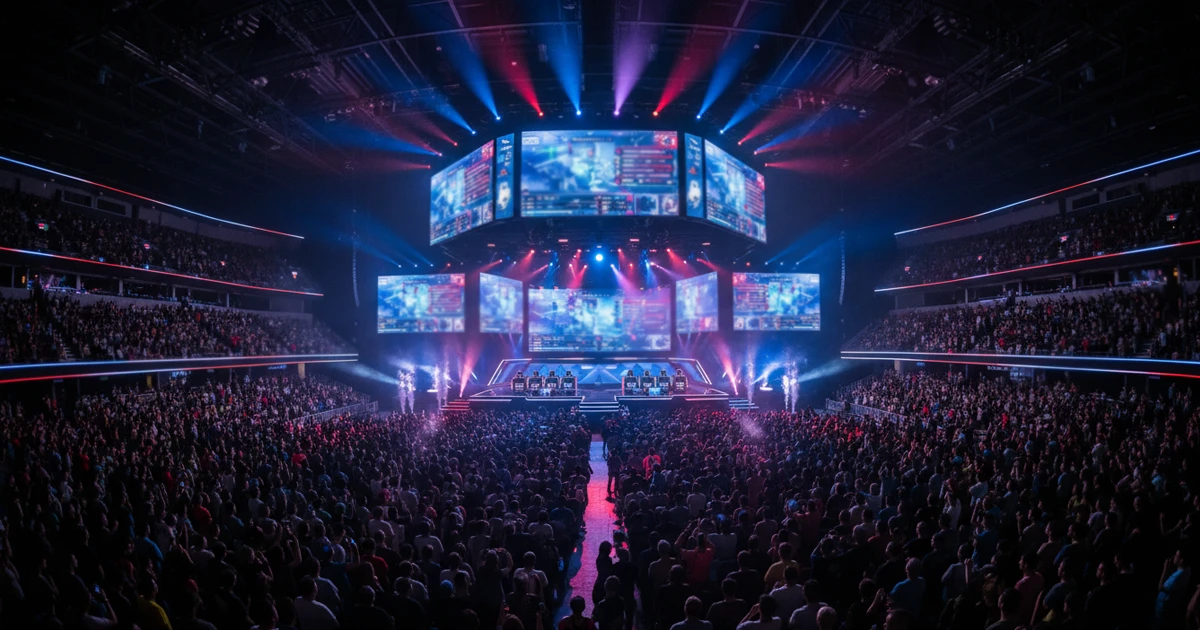 Estadio de eSports con pantallas gigantes mostrando una final de torneo