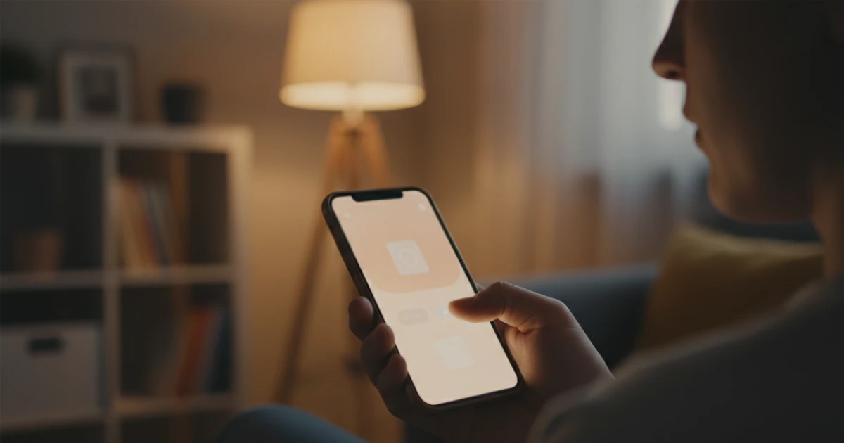 Mano sosteniendo un smartphone con la pantalla iluminada en un ambiente casual