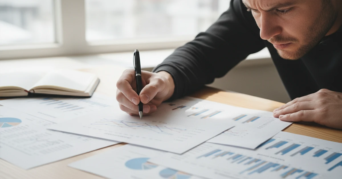 Persona estudiando gráficos y tablas numéricas en documentos impresos