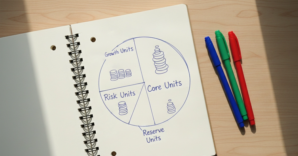 Diagrama visual mostrando la divisi&oacute;n del bankroll en unidades sobre una mesa de trabajo
