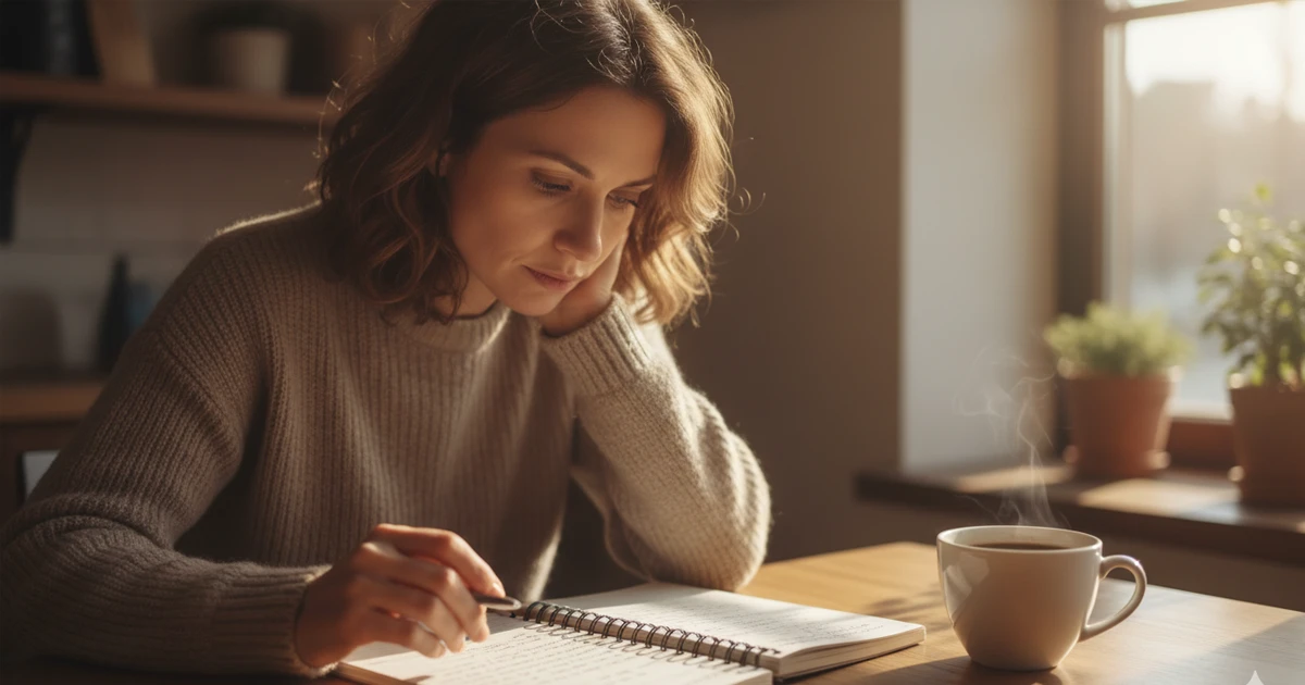 Persona revisando anotaciones de apuestas en un cuaderno junto a una taza de caf&eacute;