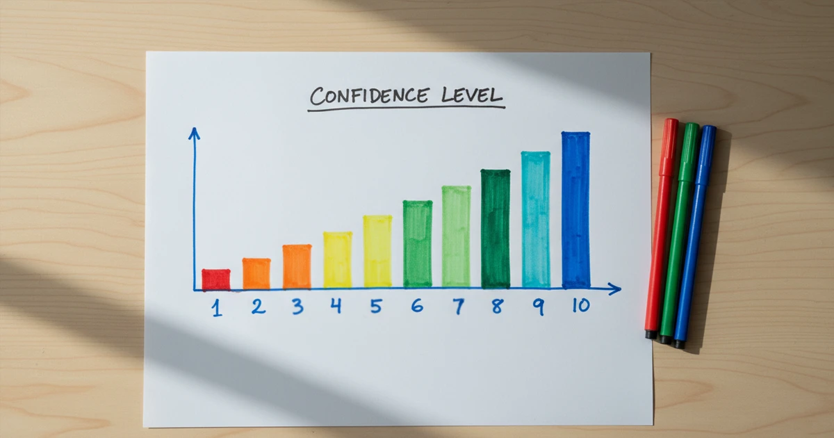 Escala visual de niveles de confianza del 1 al 10 dibujada en un papel con marcadores de colores