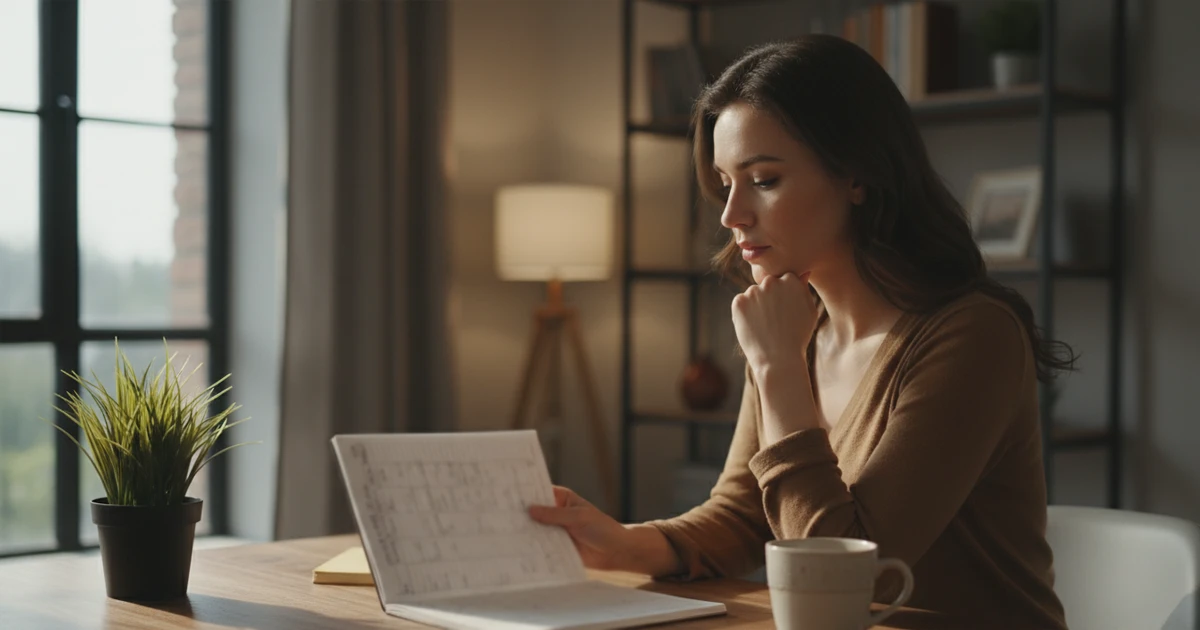 Persona reflexiva analizando sus resultados de apuestas en un cuaderno con anotaciones organizadas