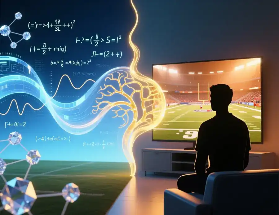 Imagen conceptual mostrando la fusión de datos analíticos digitales con intuición deportiva, combinando flujos de datos azules con silueta viendo partido en tonos cálidos