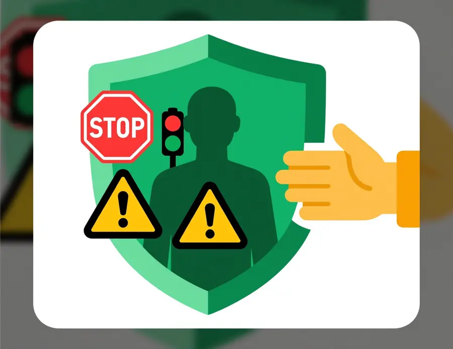 Ilustración de juego responsable con escudo protector, semáforo de advertencia y mano de ayuda representando señales de alerta y seguridad