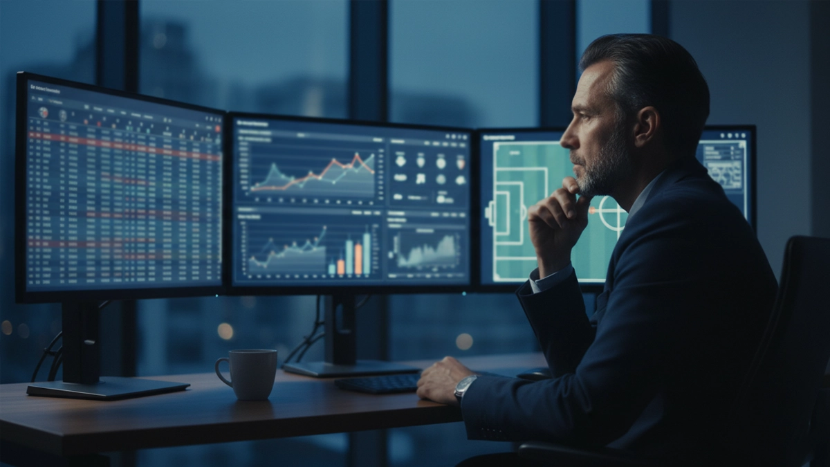 Profesional analizando estad&iacute;sticas deportivas en m&uacute;ltiples pantallas