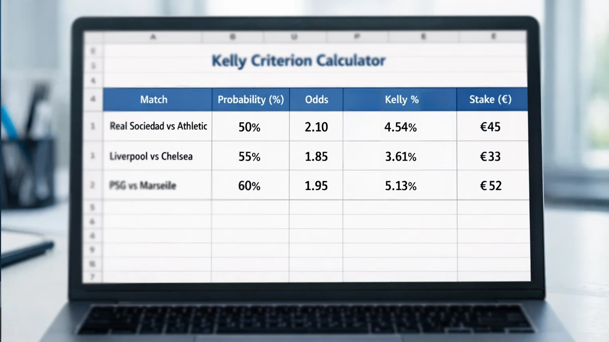 Hoja de c&aacute;lculo mostrando ejemplos del criterio de Kelly aplicado a diferentes apuestas