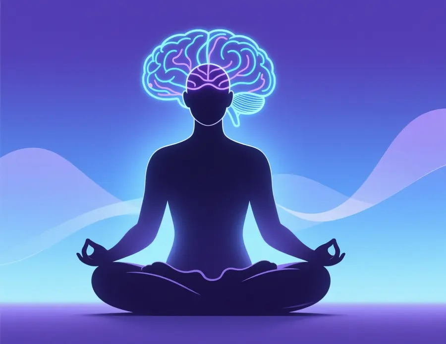 Silueta de persona en pose meditativa con visualización cerebral representando control emocional y disciplina mental en apuestas
