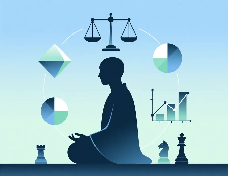 Ilustración de mentalidad profesional mostrando figura meditando con formas geométricas organizadas representando pensamiento estructurado y disciplina mental