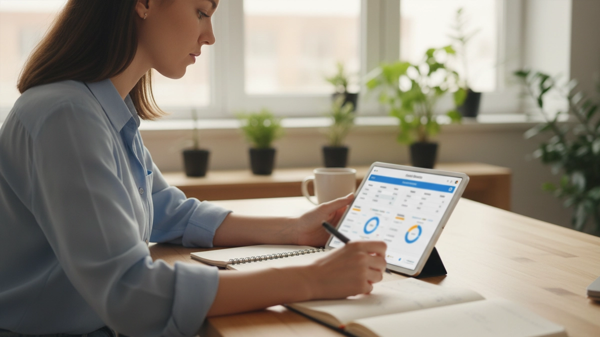 Analista revisando estadísticas de partidos en tablet junto a cuaderno de notas