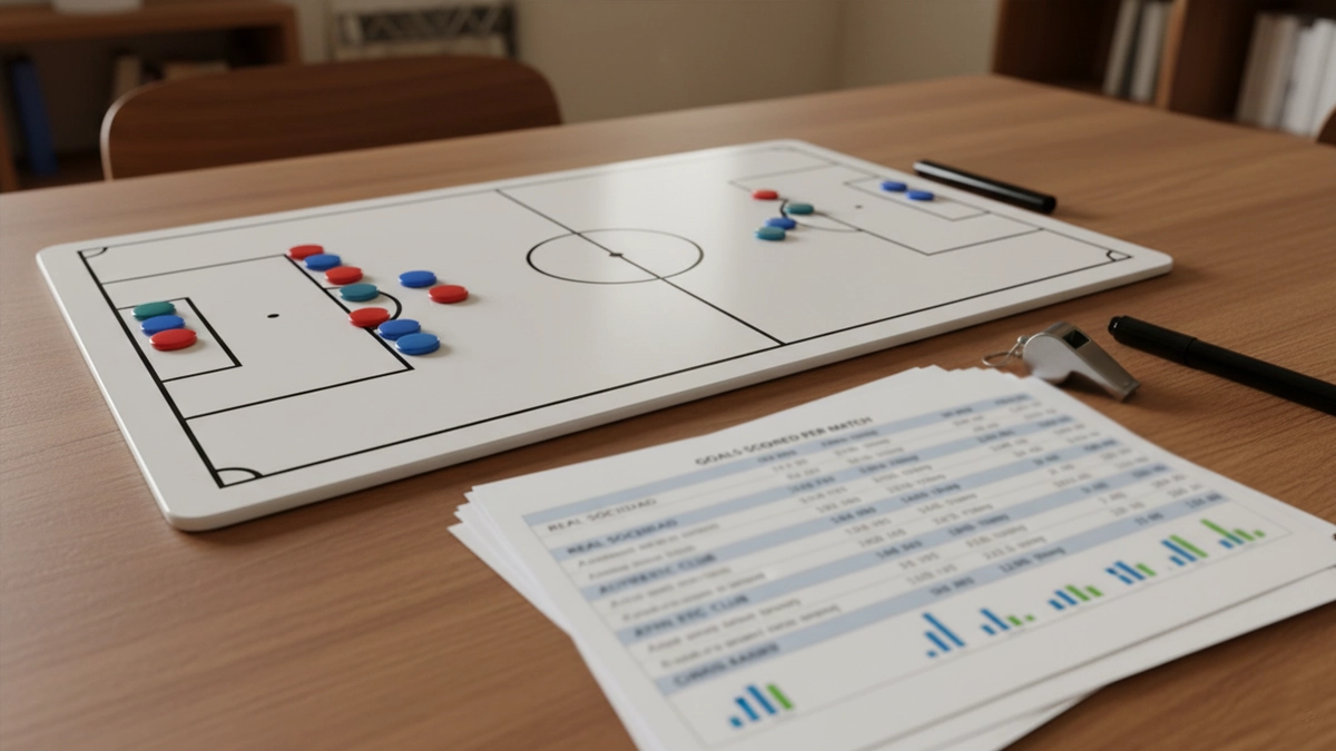 Pizarra táctica de fútbol con estadísticas de goles y formaciones