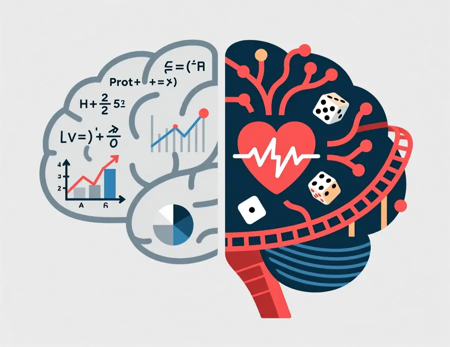 Ilustración de sesgos cognitivos en apuestas mostrando cerebro dividido entre razón y emoción