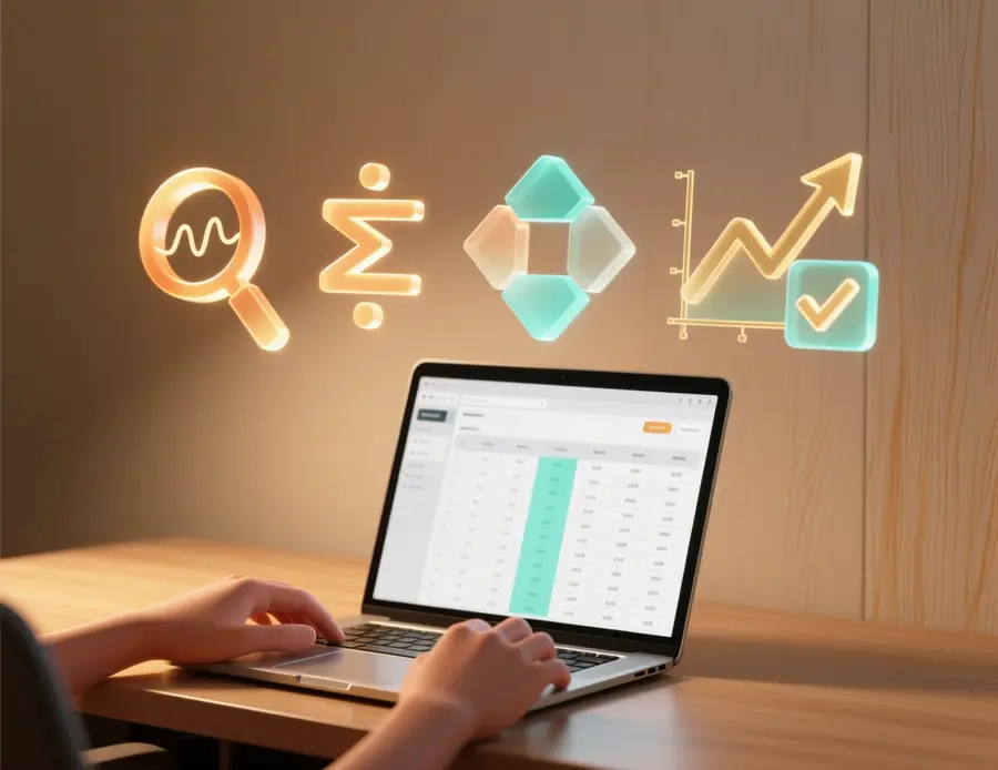 Imagen conceptual de construcción de sistema de análisis con manos trabajando en laptop rodeado de elementos abstractos representando los cinco pasos del proceso