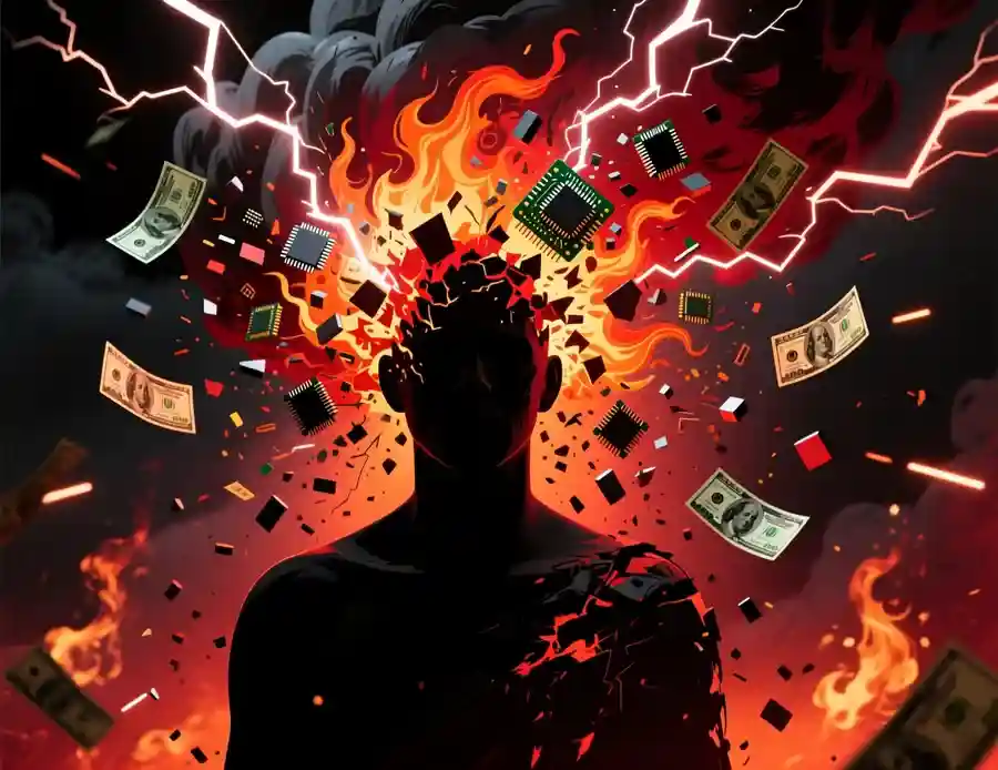 Ilustración dramática del concepto de tilt emocional mostrando silueta de persona con cabeza explotando en elementos caóticos como llamas y rayos